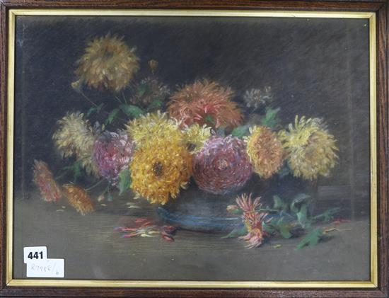 English School, pastel, still life of chrysanthemums in a bowl, 36 x 48cm, together with a folio of assorted drawings